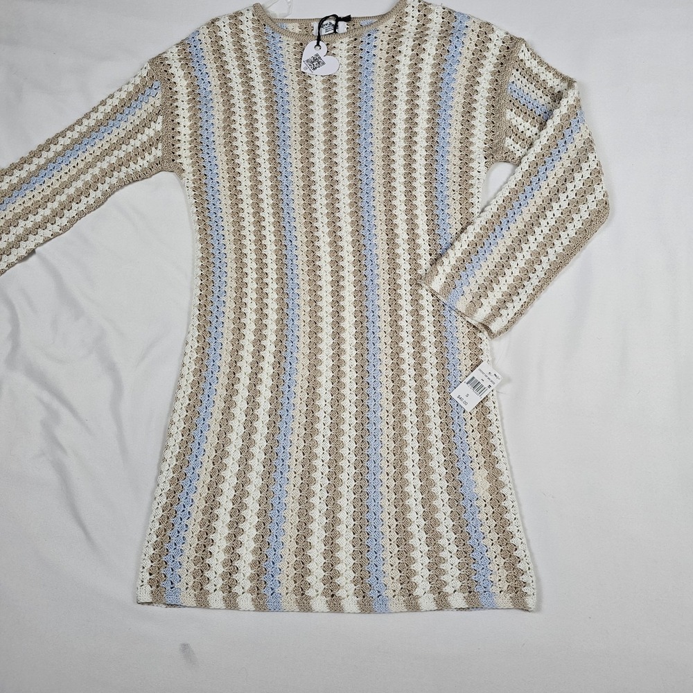 Crochet Knit Mini Sweater‎ Dress Long Sleeve Tan Blue Cream Size S New